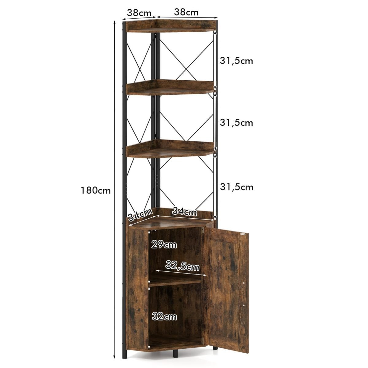 5 aukštų kampinė lentyna su integruota daiktadėže (Rustikinė ruda) – Paveikslėlis 2