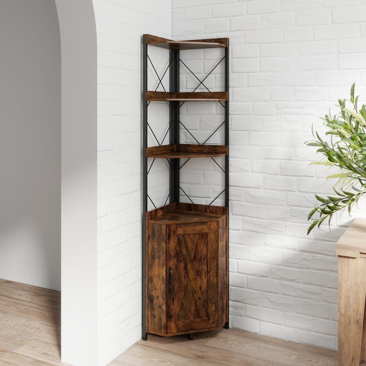5 aukštų kampinė lentyna su integruota daiktadėže (Rustikinė ruda) – Paveikslėlis 3