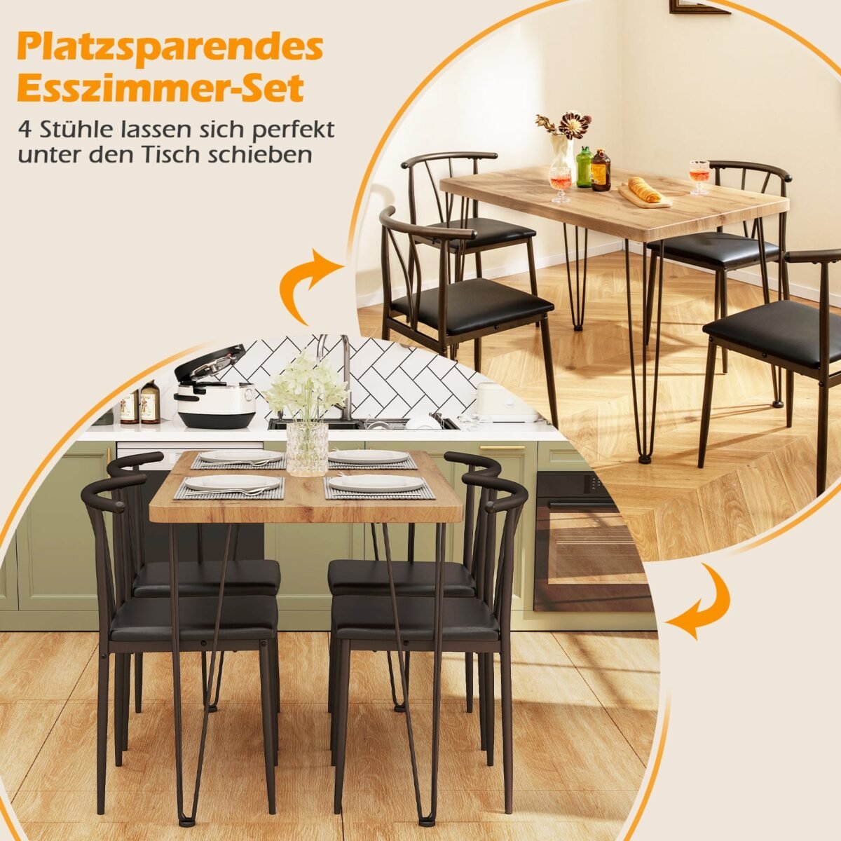 5 dalių valgomojo komplektas: pramoninio stiliaus stalas ir 4 paminkštintos kėdės (Juoda) – Paveikslėlis 5