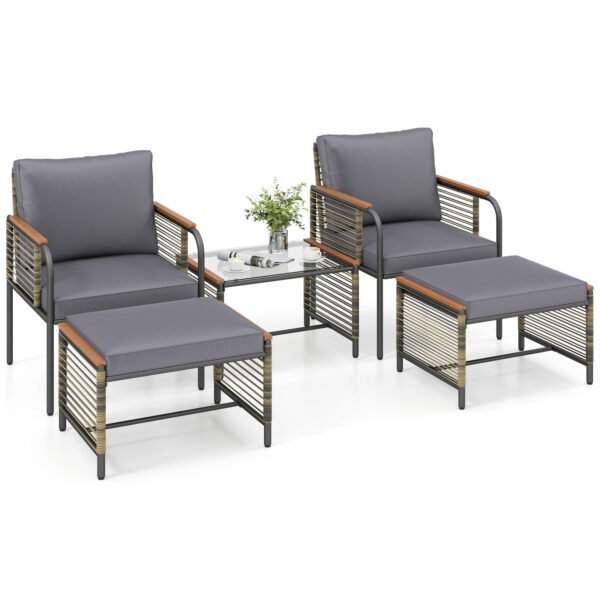 5 dalių lauko baldų ratano komplektas su stalu ir pufais (Pilka)