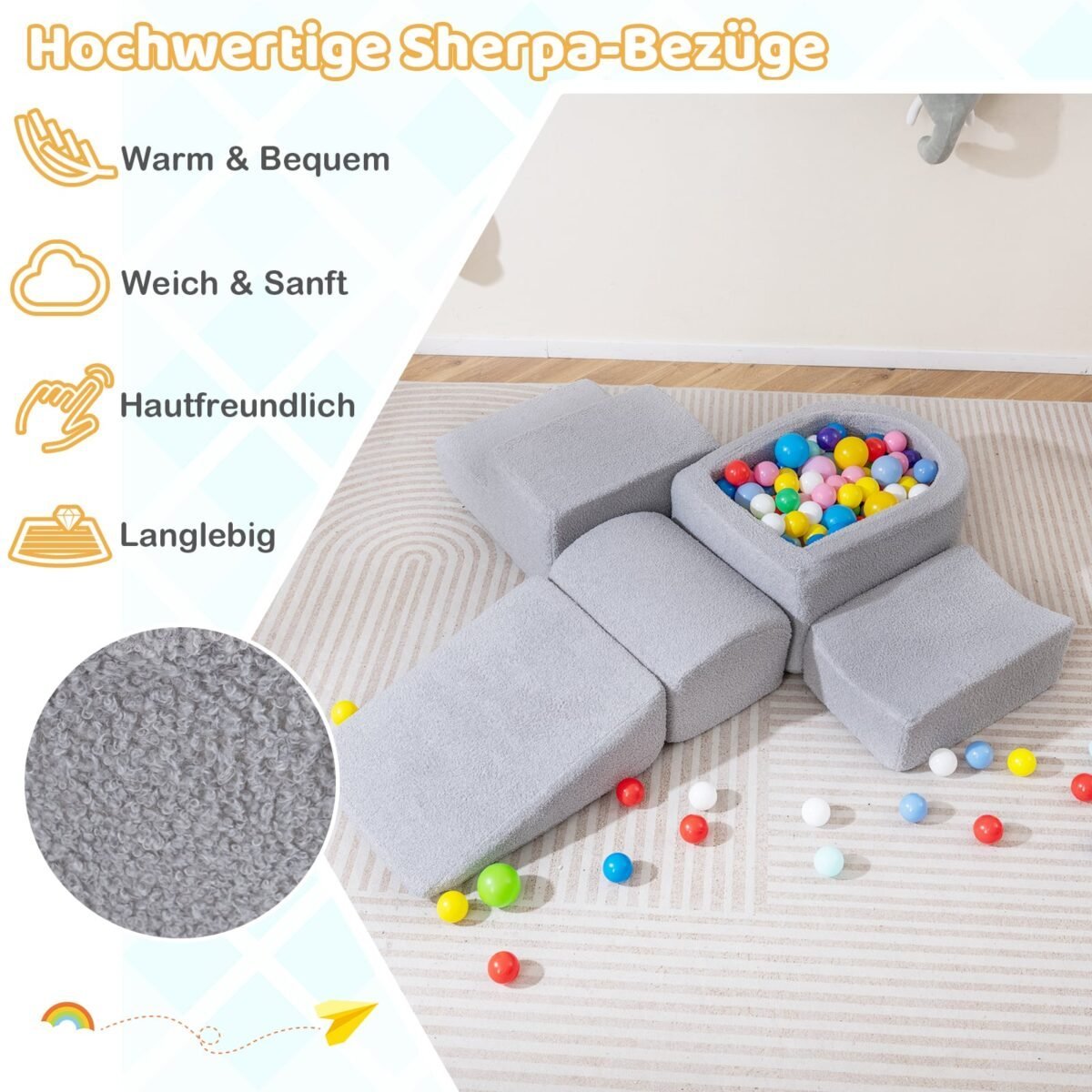 5 dalių minkštų putplasčio kaladėlių rinkinys su kamuoliukų baseinu (Pilka) – Paveikslėlis 4