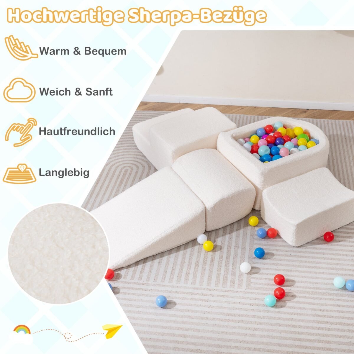 5 dalių putplasčio blokelių žaidimų rinkinys vaikams su kamuoliukų baseinu (Smėlio) – Paveikslėlis 4