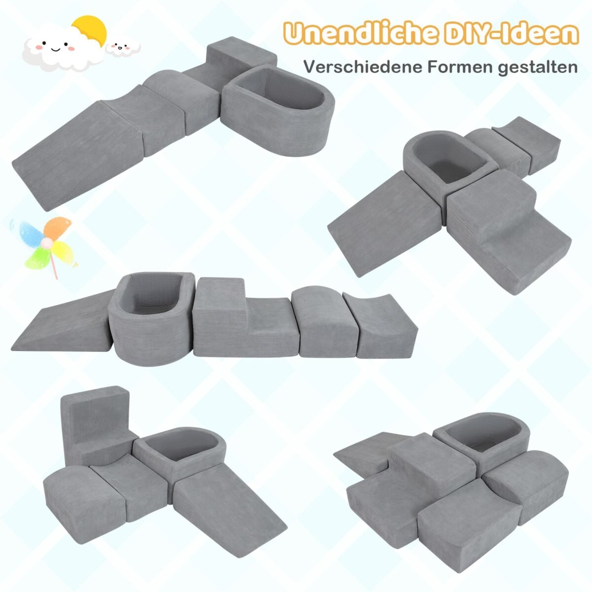 5 dalių putplasčio statybinių blokų rinkinys su kamuoliukų baseinu ir kordiniu užvalkalu (Pilka) – Paveikslėlis 3