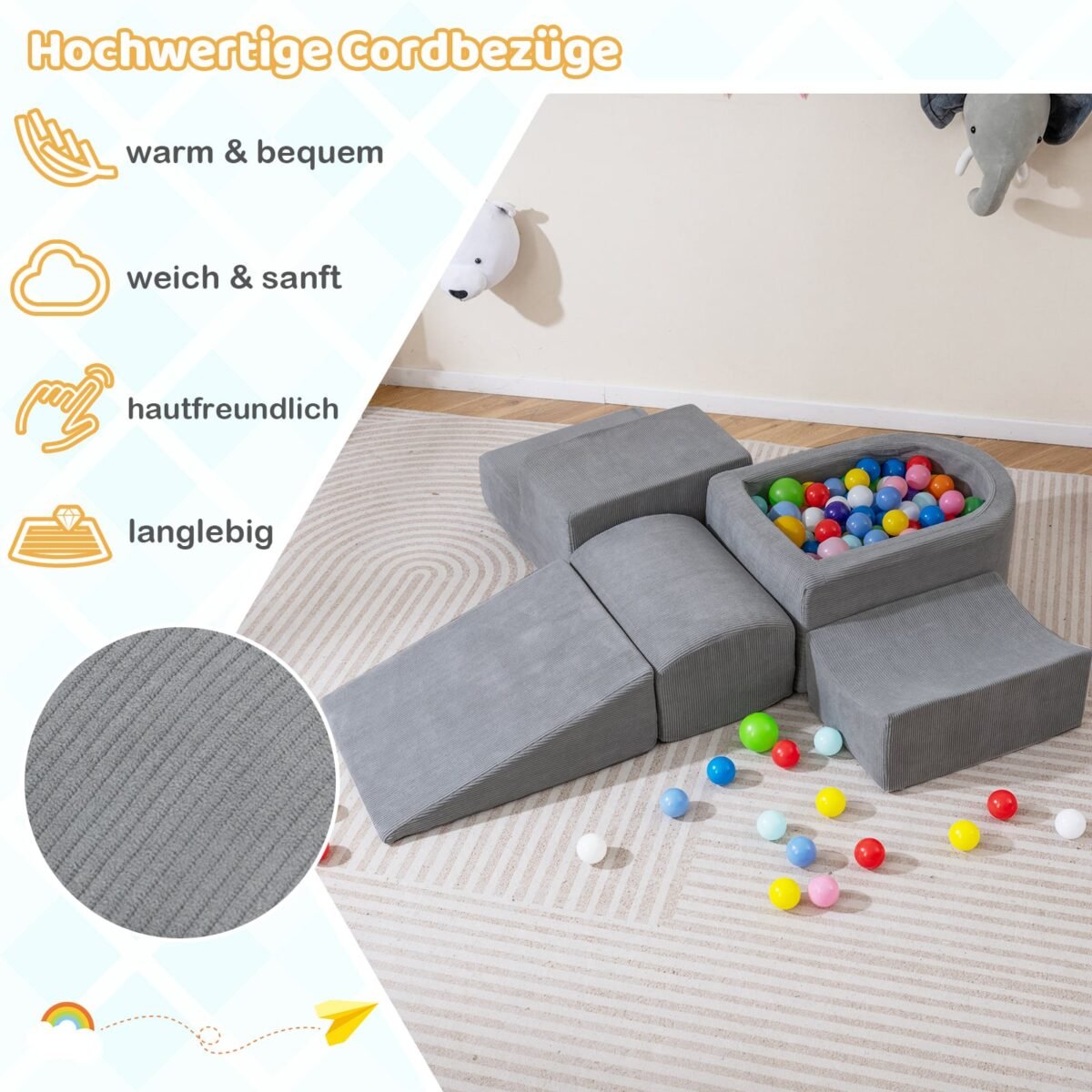 5 dalių putplasčio statybinių blokų rinkinys su kamuoliukų baseinu ir kordiniu užvalkalu (Pilka) – Paveikslėlis 4