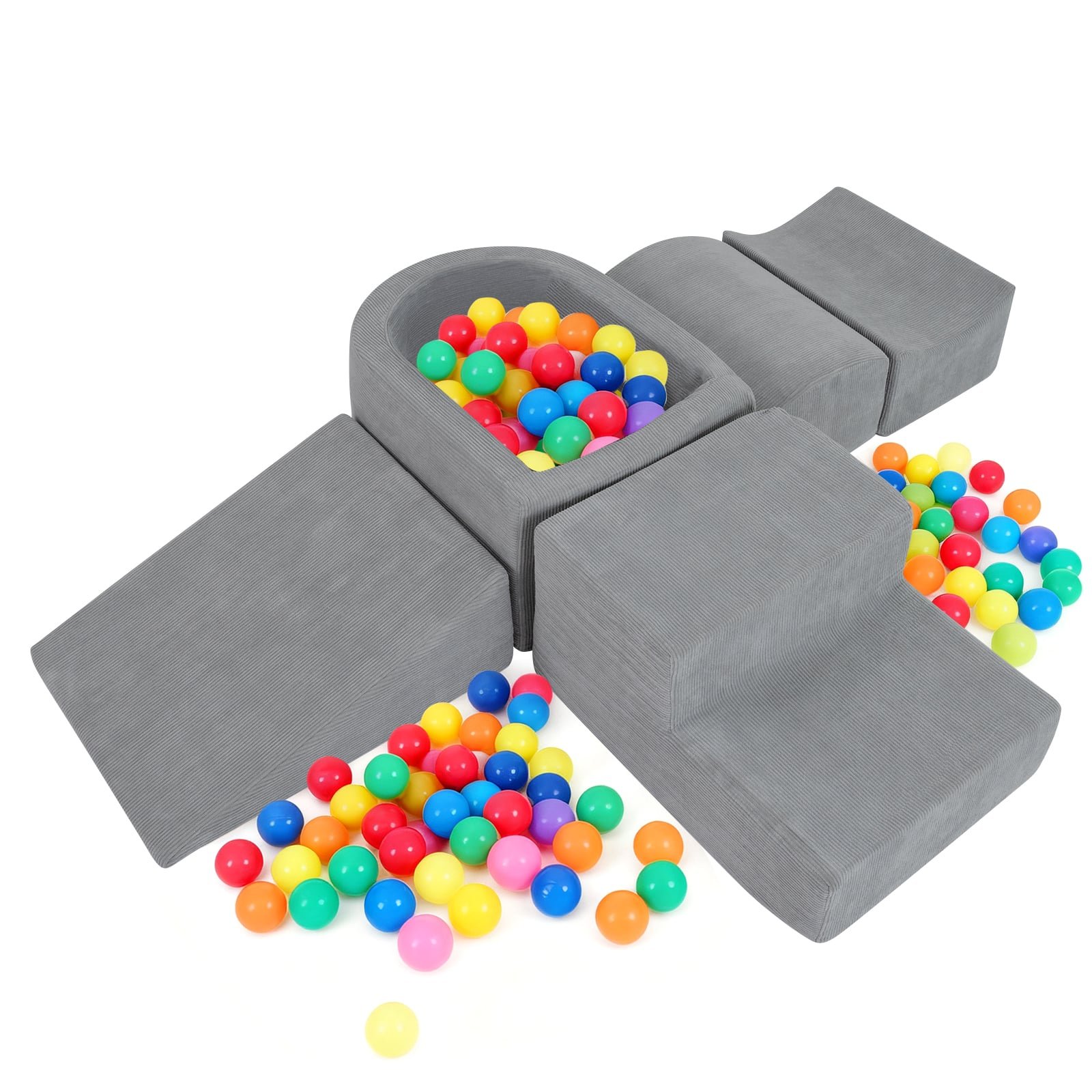 5 dalių putplasčio statybinių blokų rinkinys su kamuoliukų baseinu ir kordiniu užvalkalu (Pilka)