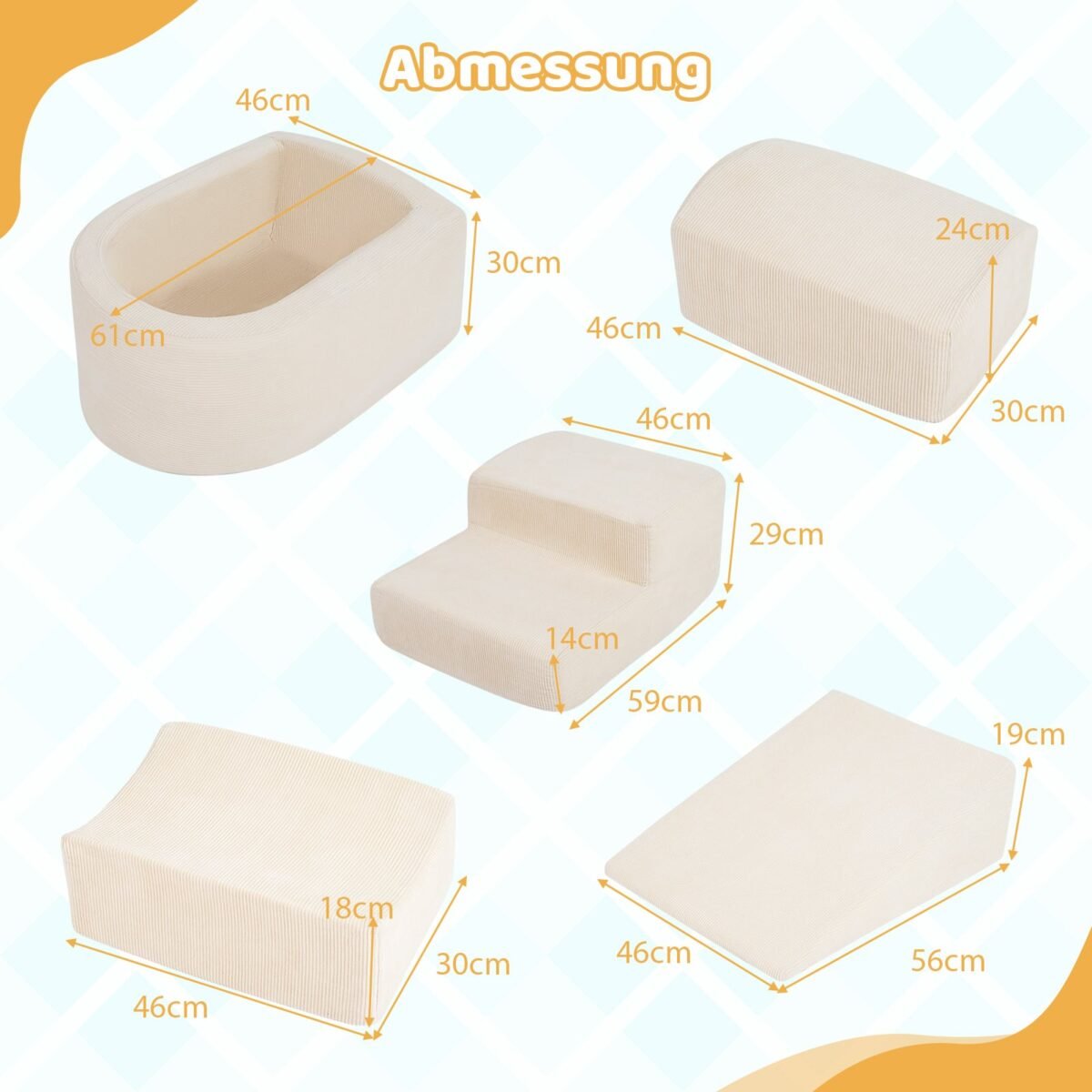 5 dalių putplasčio statybinių blokų rinkinys su kamuoliukų baseinu ir virveliniais užvalkalais (Smėlio) – Paveikslėlis 2