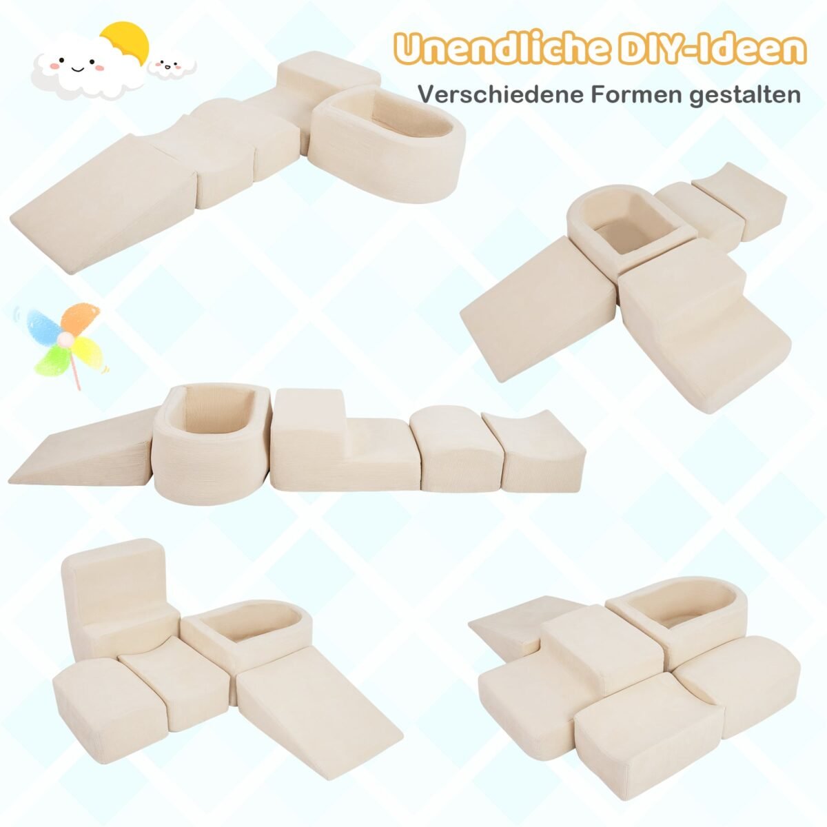 5 dalių putplasčio statybinių blokų rinkinys su kamuoliukų baseinu ir virveliniais užvalkalais (Smėlio) – Paveikslėlis 3