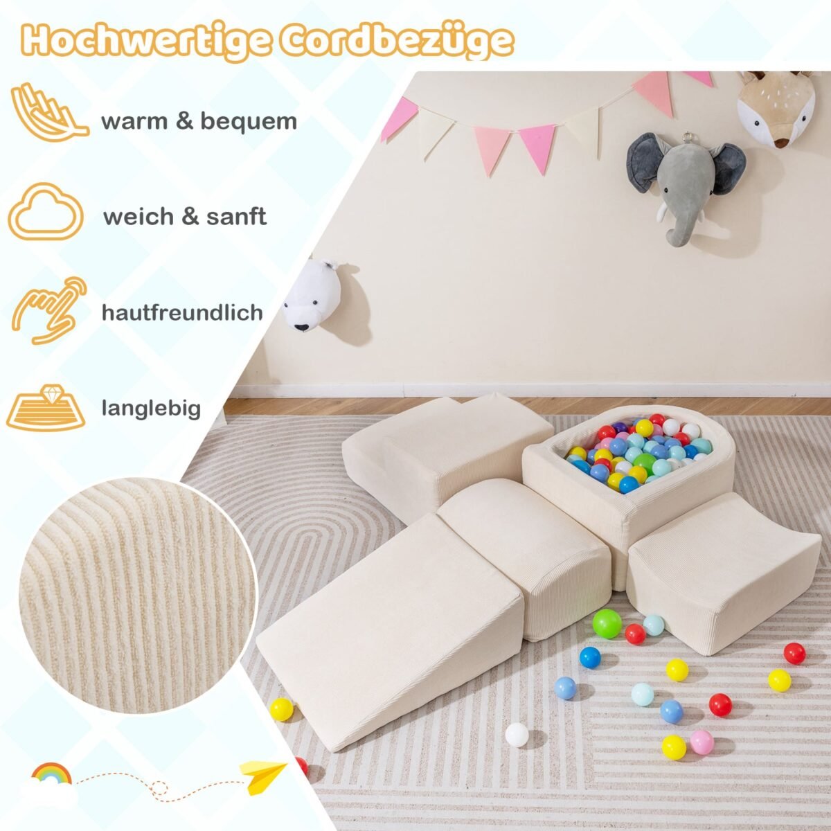 5 dalių putplasčio statybinių blokų rinkinys su kamuoliukų baseinu ir virveliniais užvalkalais (Smėlio) – Paveikslėlis 4