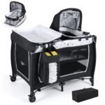 5-in-1 Daugiafunkcinė sulankstoma kūdikio lovytė-maniežas su vystymo stalu ir nešiojamu lopšeliu (Smėlio spalva)
