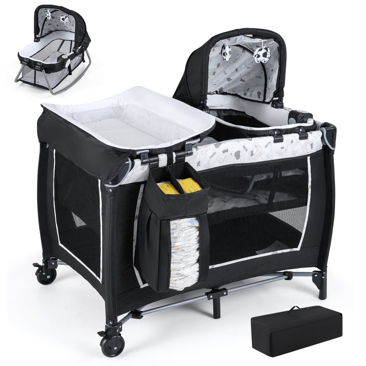 5-in-1 Daugiafunkcinė sulankstoma kūdikio lovytė-maniežas su vystymo stalu ir nešiojamu lopšeliu (Smėlio spalva)
