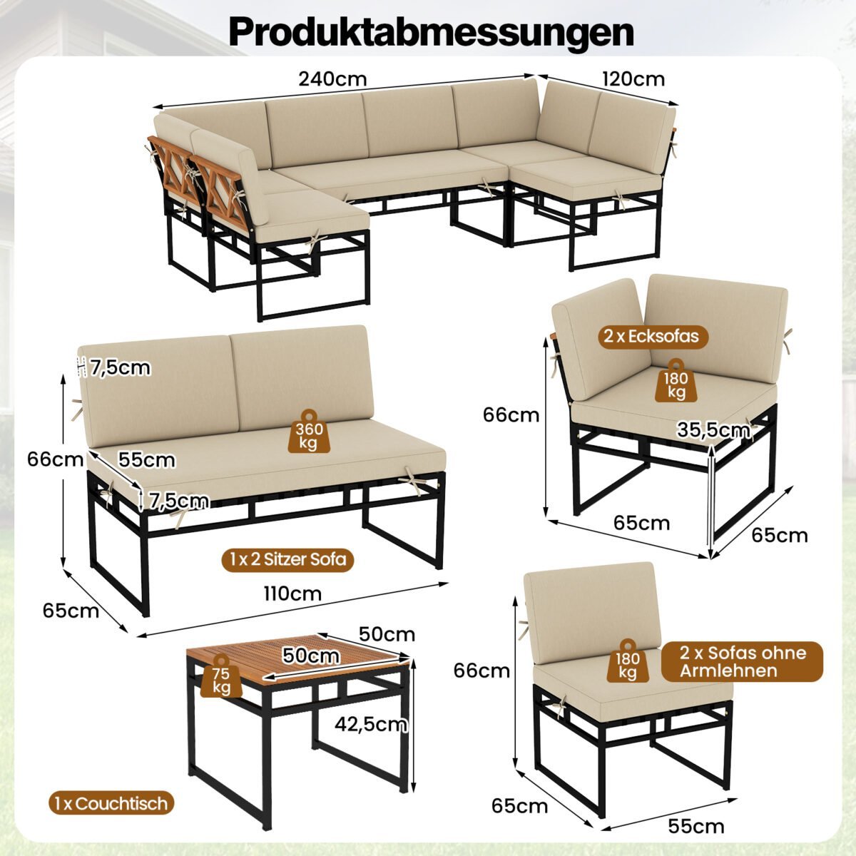 Lauko baldų komplektas su metaliniu rėmu ir akacijos mediena (Smėlio) – Paveikslėlis 2