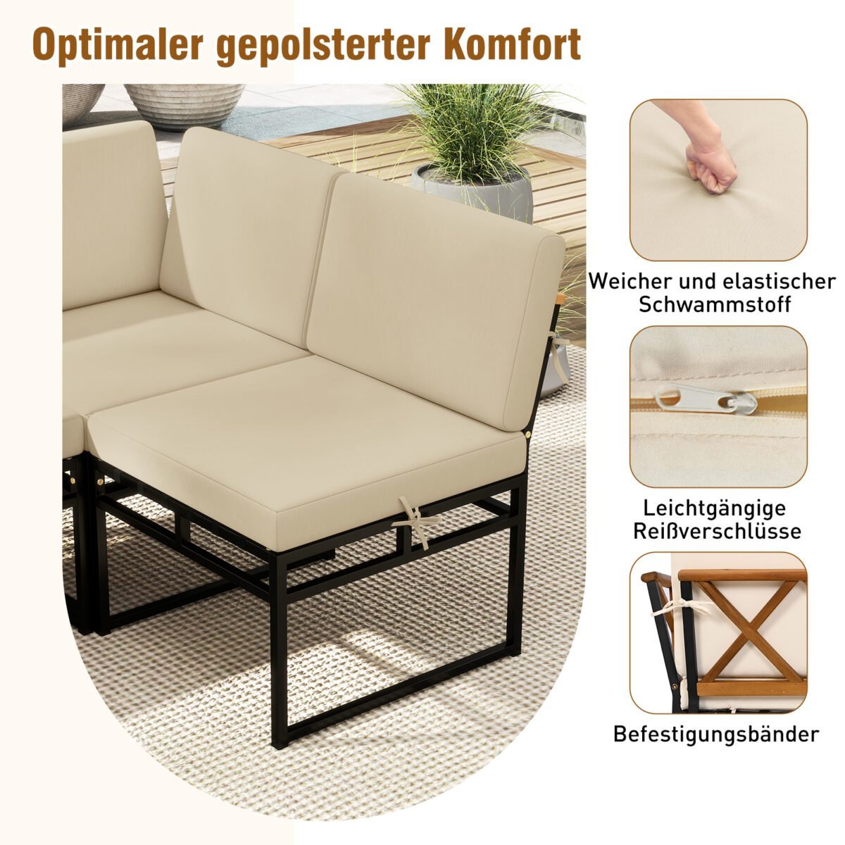 Lauko baldų komplektas su metaliniu rėmu ir akacijos mediena (Smėlio) – Paveikslėlis 5