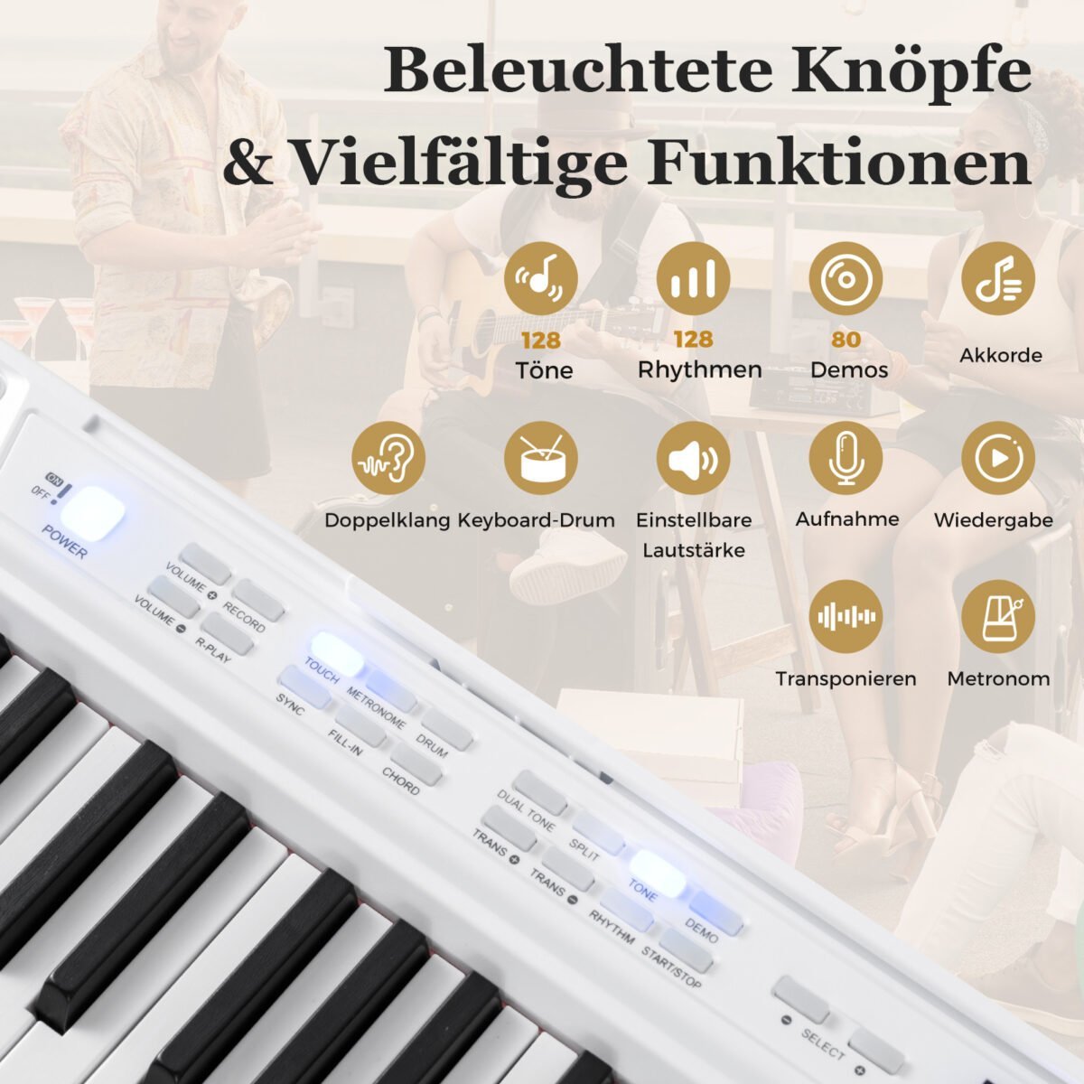 88 klavišų skaitmeninis pianinas su reguliuojamu stovu ir kėdute (Balta) – Paveikslėlis 4