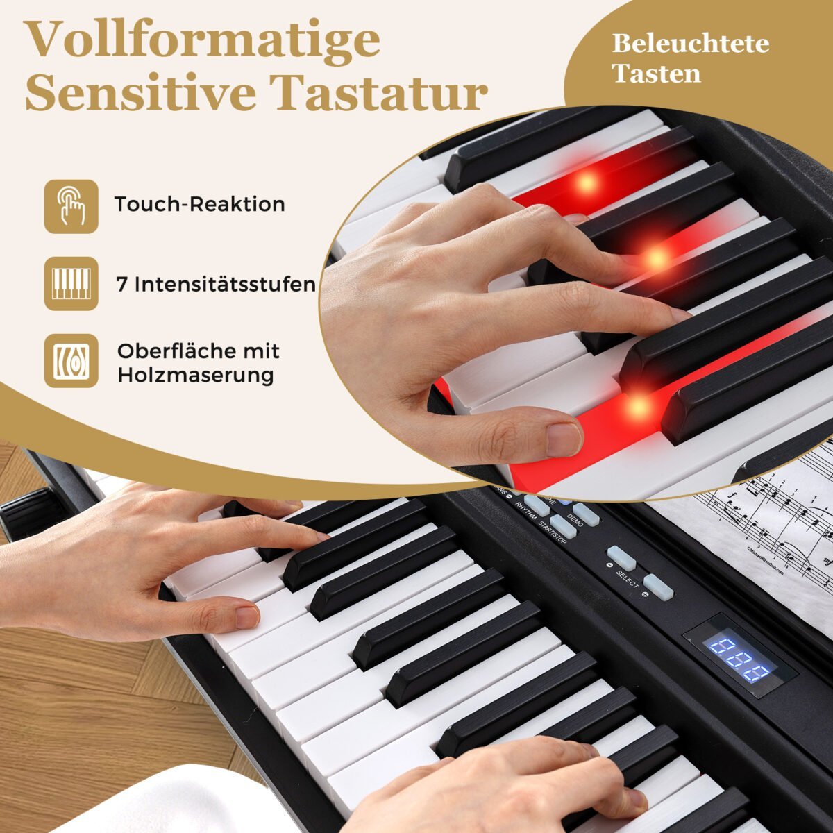 88 klavišų skaitmeninis pianinas su reguliuojamu stovu ir taburete (Juoda) – Paveikslėlis 4