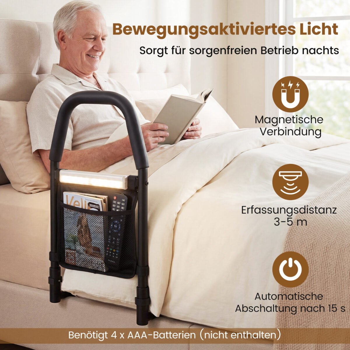 Apsauginis lovos turėklas su LED jutikline šviesa ir kišenėle (Juoda) – Paveikslėlis 3