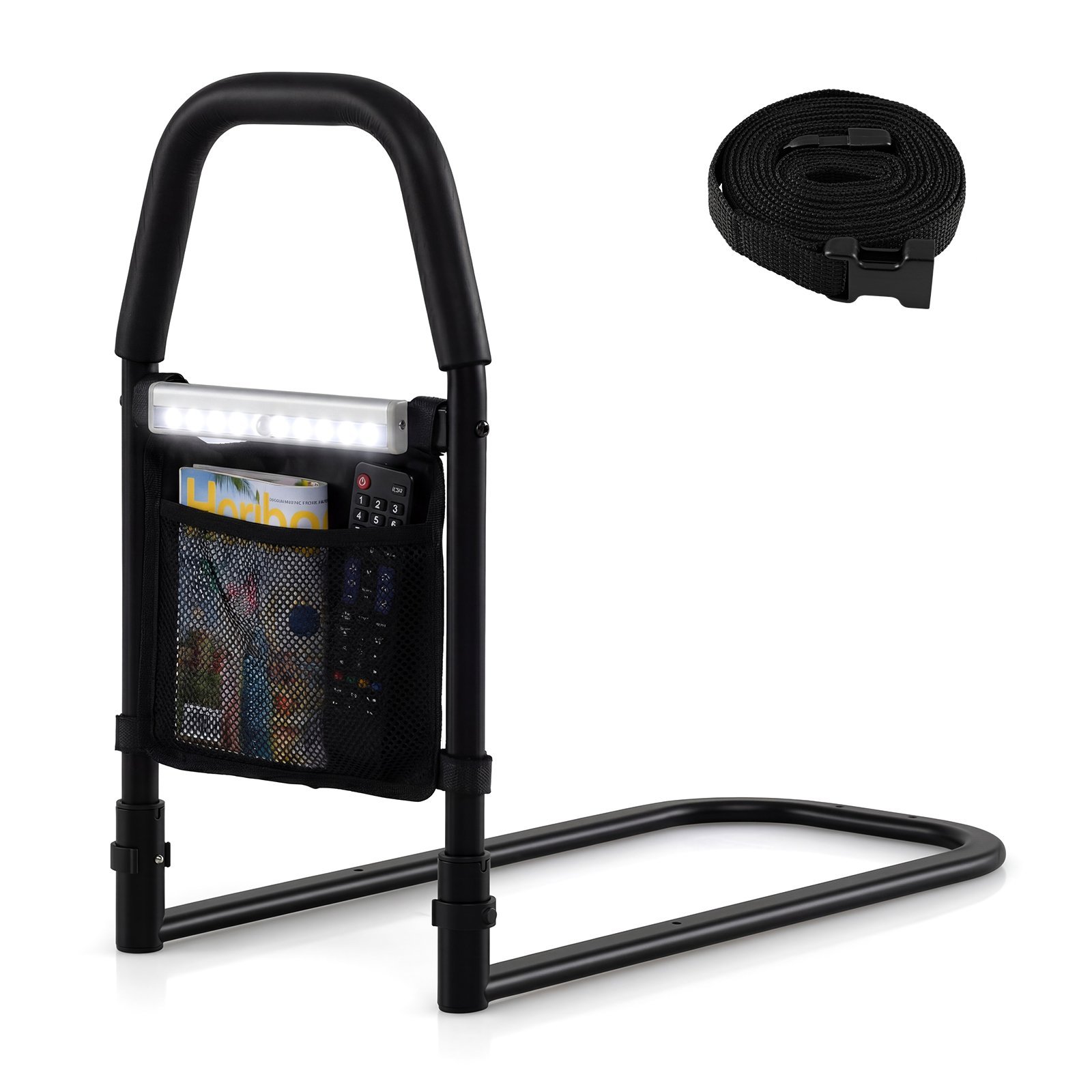 Apsauginis lovos turėklas su LED jutikline šviesa ir kišenėle (Juoda)