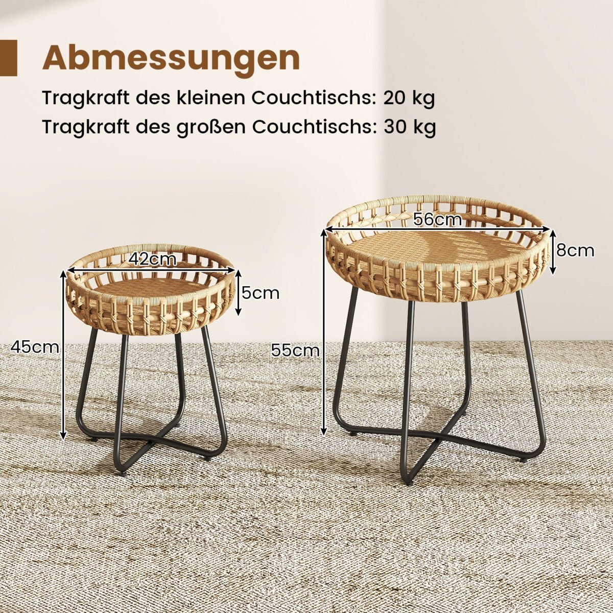 Apvalių šoninių staliukų 2 dalių komplektas su PE ratanu ir reguliuojamomis kojelėmis (Natūrali) – Paveikslėlis 2