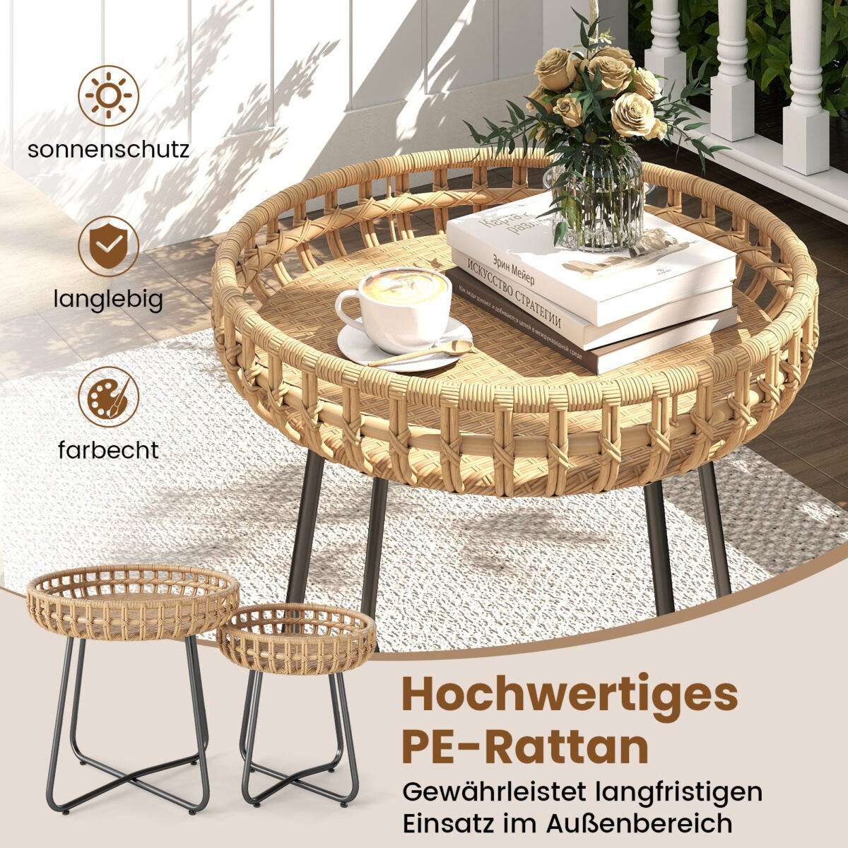 Apvalių šoninių staliukų 2 dalių komplektas su PE ratanu ir reguliuojamomis kojelėmis (Natūrali) – Paveikslėlis 3