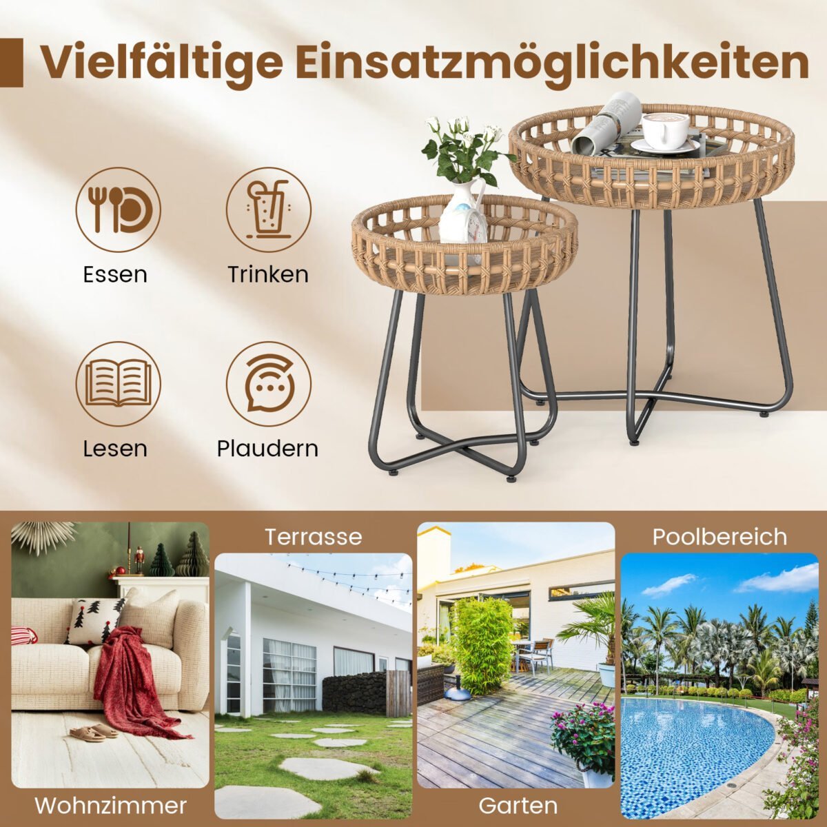 Apvalių šoninių staliukų 2 dalių komplektas su PE ratanu ir reguliuojamomis kojelėmis (Natūrali) – Paveikslėlis 5