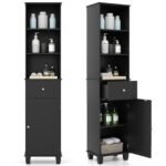 Aukšta siaura vonios spintelė su lentynomis ir stalčiumi (Juoda)