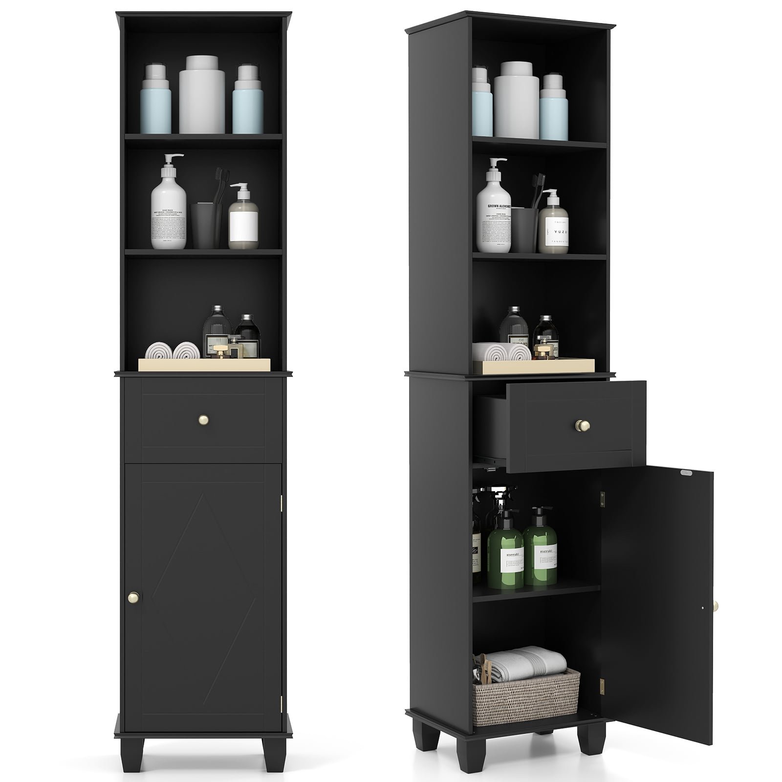 Aukšta siaura vonios spintelė su lentynomis ir stalčiumi (Juoda)