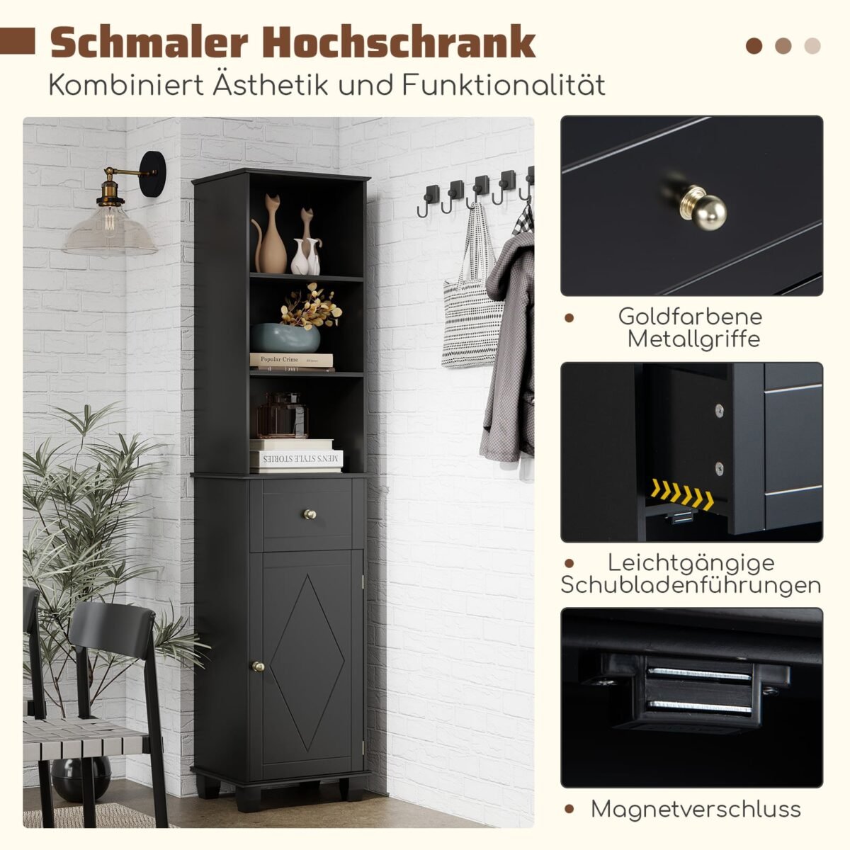 Aukšta siaura vonios spintelė su lentynomis ir stalčiumi (Juoda) – Paveikslėlis 3