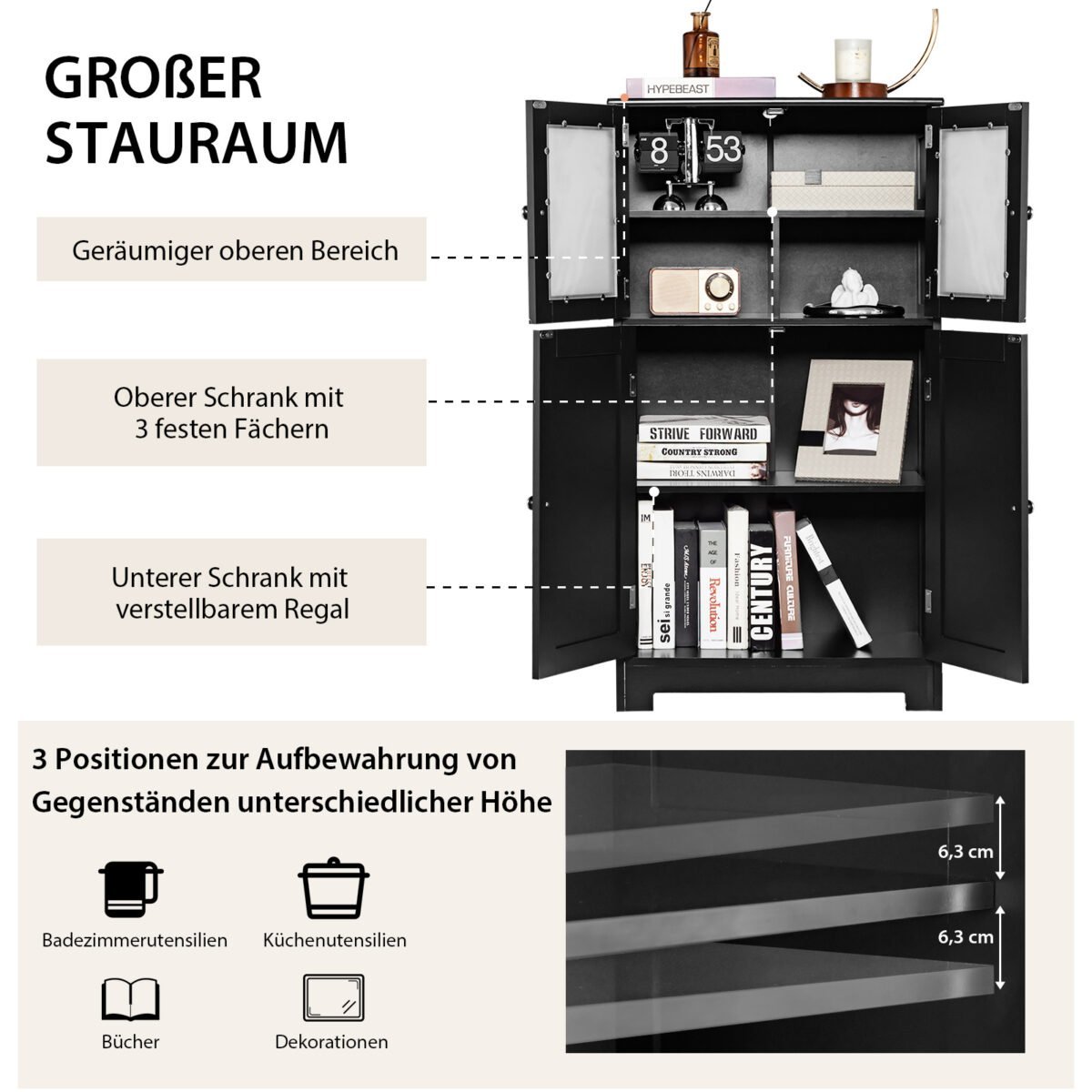 Aukšta spintelė su stiklinėmis durelėmis ir reguliuojama lentyna (Juoda) – Paveikslėlis 4