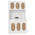 Aukšta virtuvės spintelė su ratano durelėmis ir integruota įkrovimo stotele (Balta)