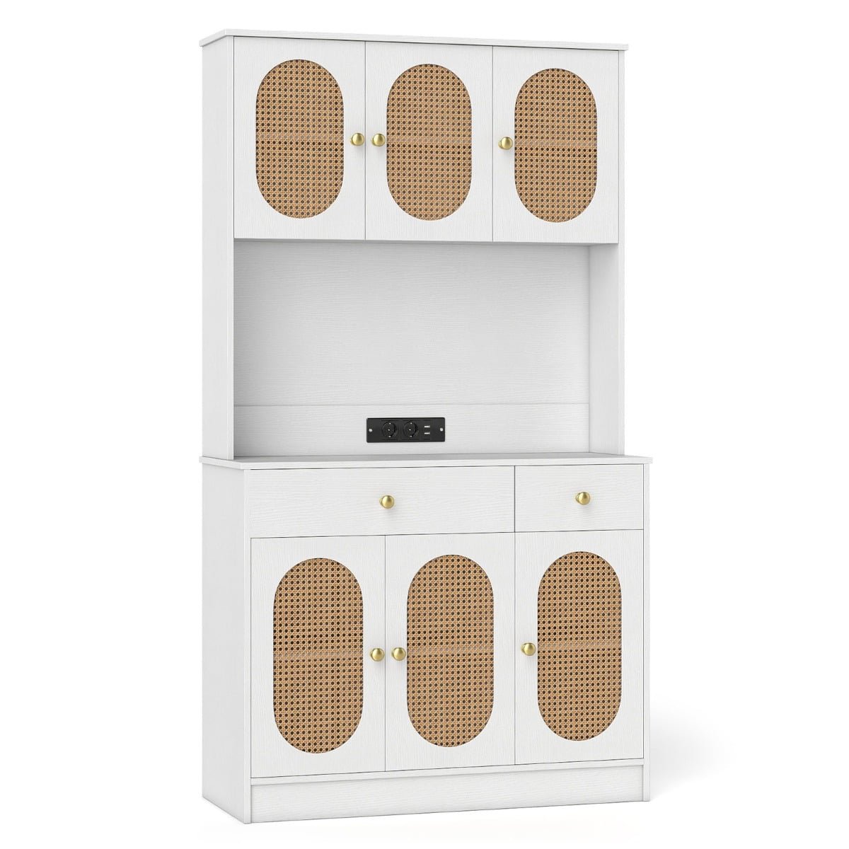 Aukšta virtuvės spintelė su ratano durelėmis ir integruota įkrovimo stotele (Balta)