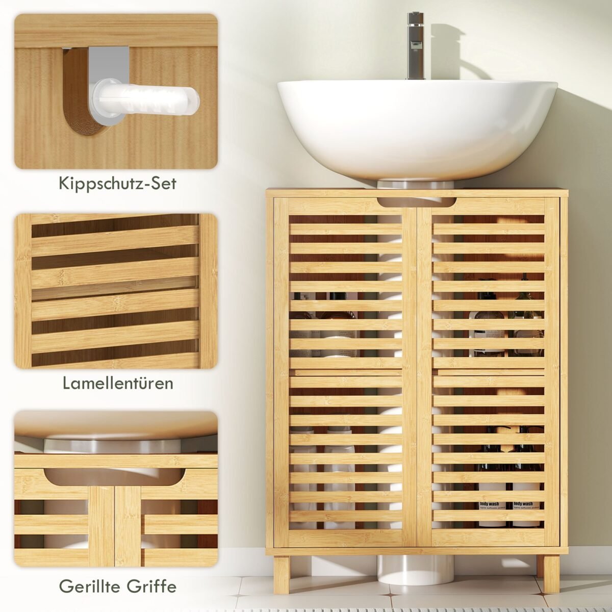 Bambukinė spintelė po praustuvu su lamelinėmis durelėmis ir reguliuojamomis lentynomis – Paveikslėlis 7