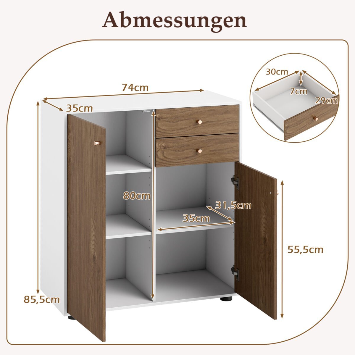 Bufetas su 2 stalčiais ir 3 reguliuojamomis lentynomis (Natūrali) – Paveikslėlis 2