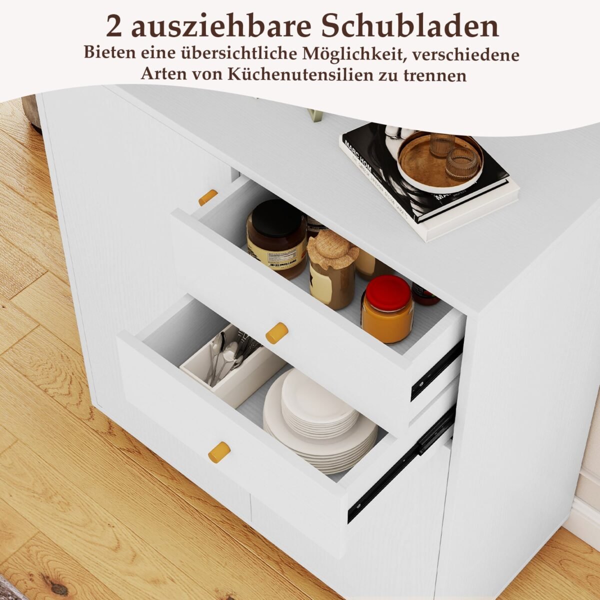 Bufeto spintelė su dviem stalčiais ir reguliuojamomis lentynomis (Balta) – Paveikslėlis 4