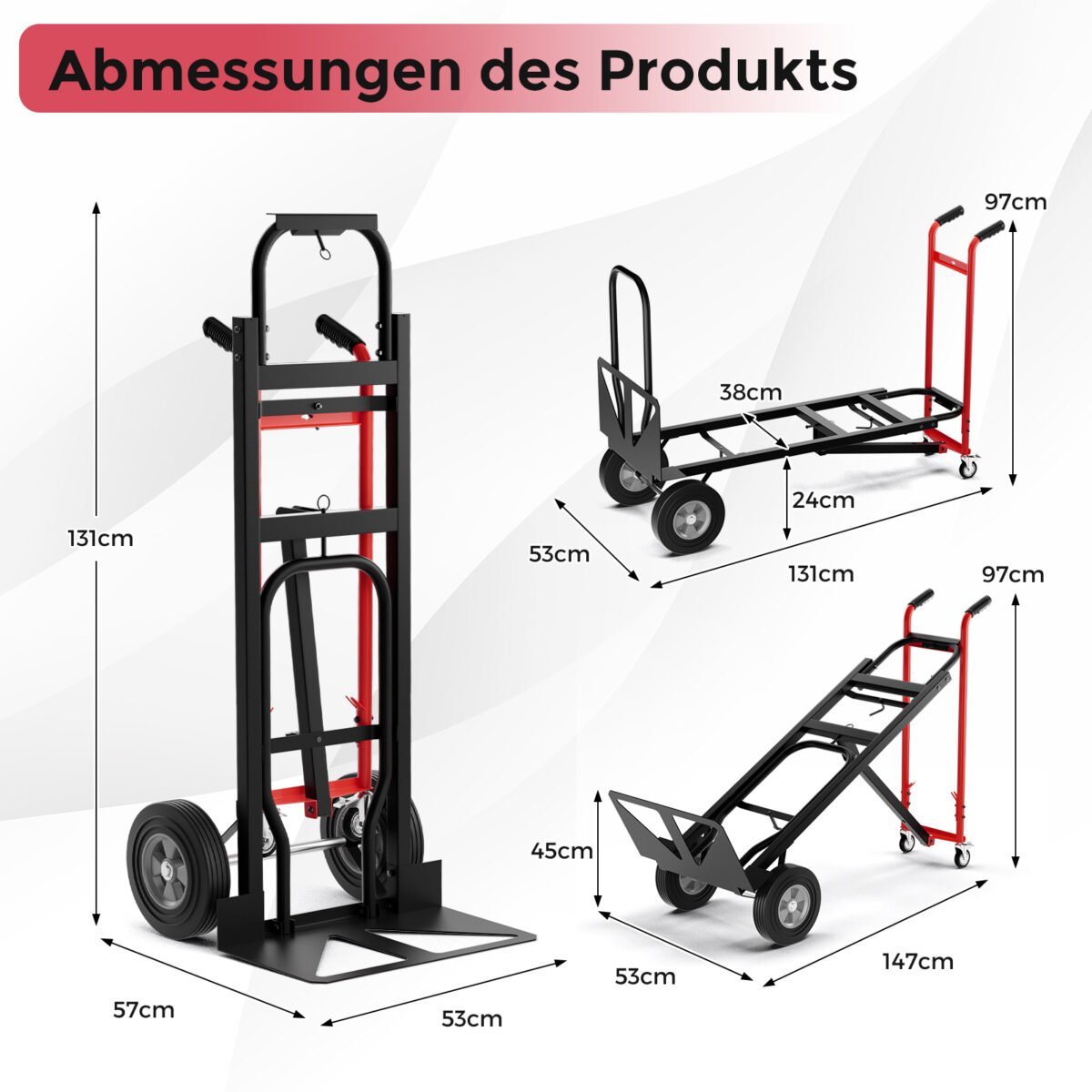 Daugiafunkcis 3-in-1 transporto vežimėlis su 450 kg krovinio talpa (Raudona ir juoda) – Paveikslėlis 2