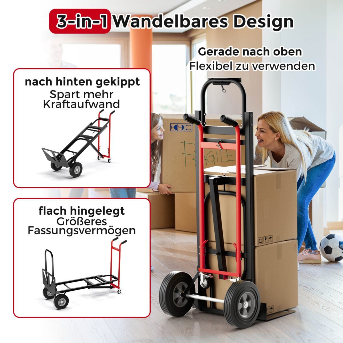 Daugiafunkcis 3-in-1 transporto vežimėlis su 450 kg krovinio talpa (Raudona ir juoda) – Paveikslėlis 4