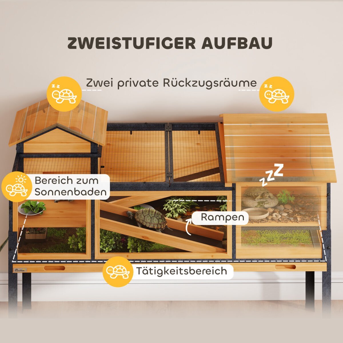 Dviaukštis medinis vėžlių namelis su dviem erdvėmis ir ištraukiamu padėklu – Paveikslėlis 4