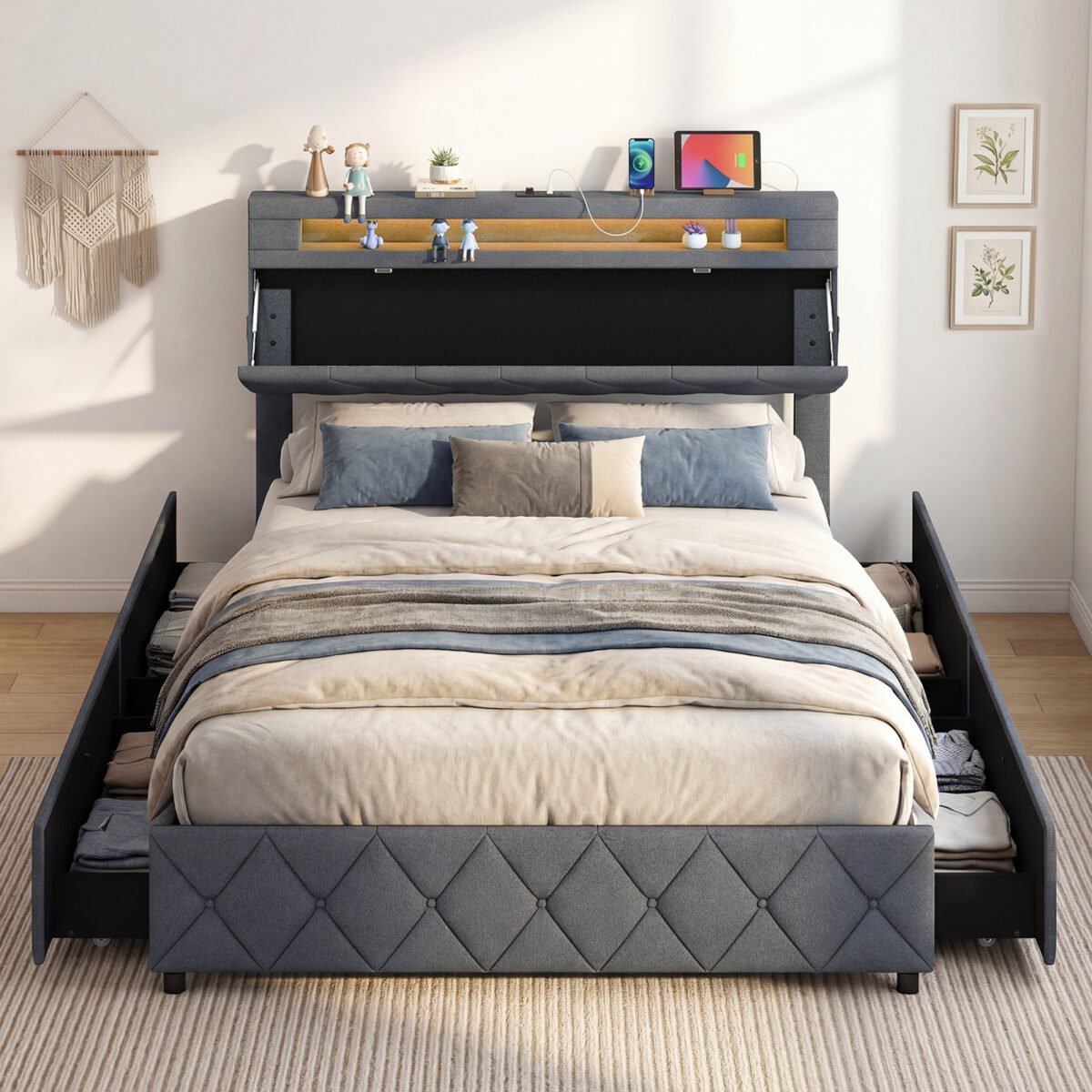 Dvigulė platforminė lova su LED apšvietimu ir USB jungtimis (Pilka) – Paveikslėlis 3