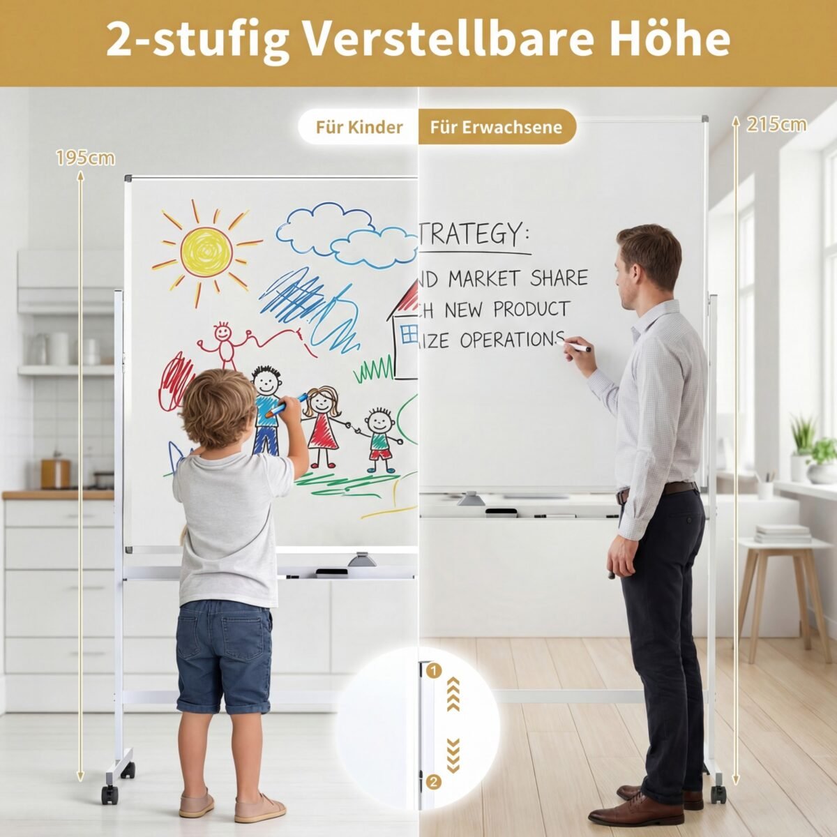 Dvipusė magnetinė aukščio reguliavimo lenta su ratukais (Balta) – Paveikslėlis 3