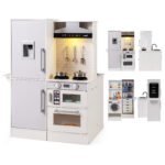 Dvipusė medinė vaikų virtuvėlė su vandens dozatoriumi ir gartraukiu (Balta)