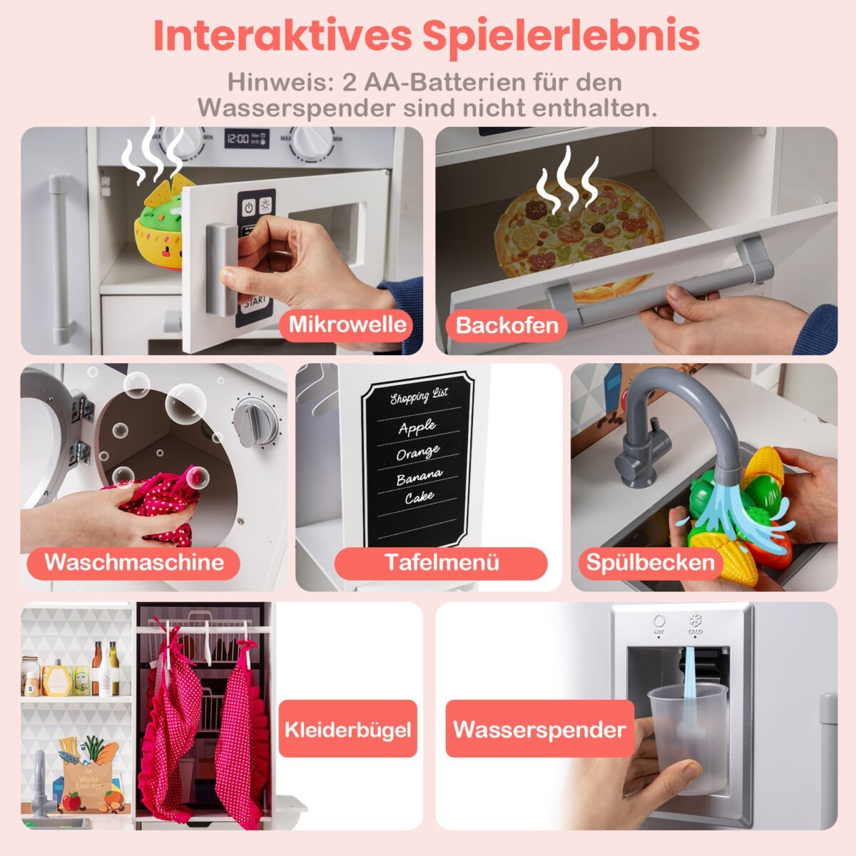 Dvipusė medinė vaikų virtuvėlė su vandens dozatoriumi ir gartraukiu (Balta) – Paveikslėlis 4