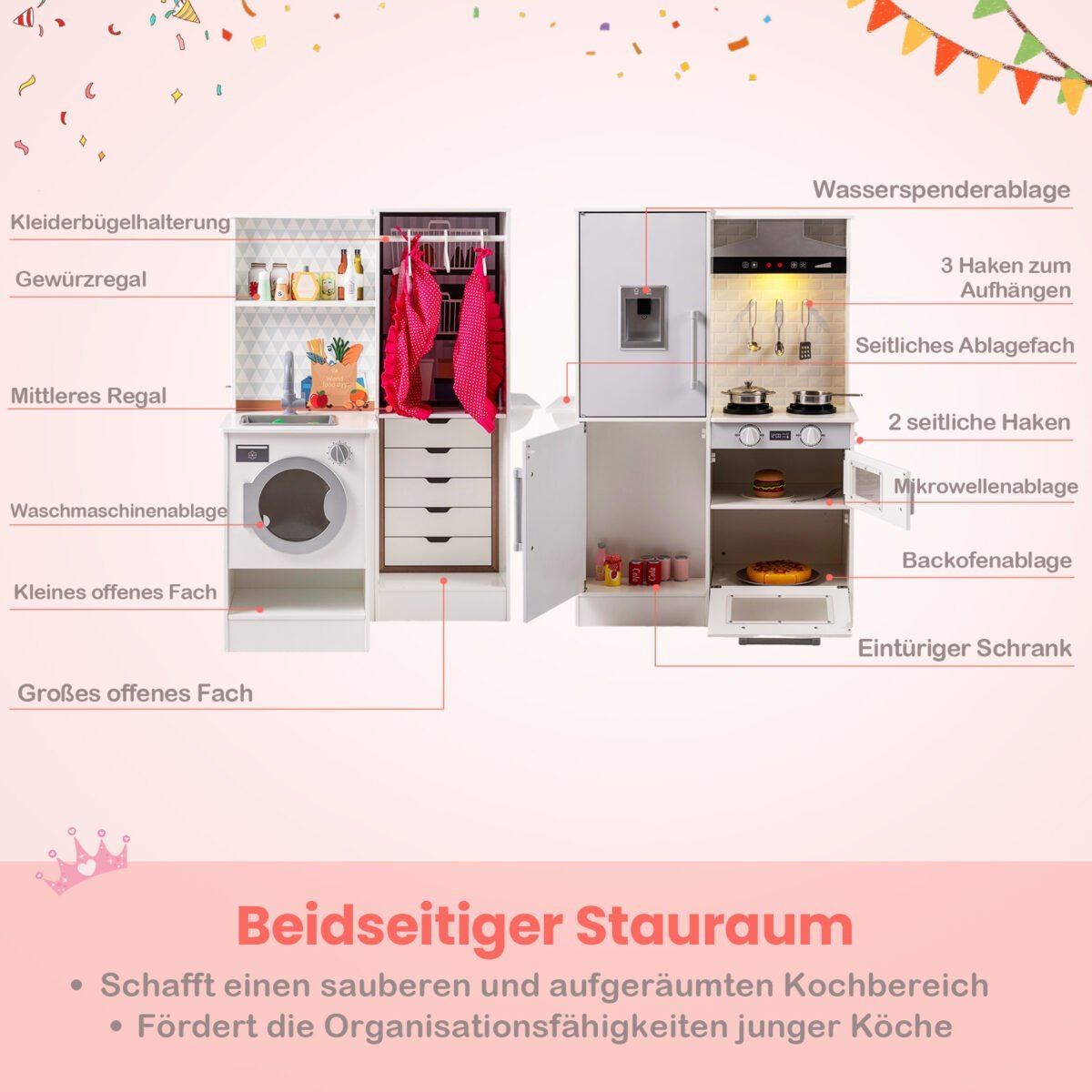 Dvipusė medinė vaikų virtuvėlė su vandens dozatoriumi ir gartraukiu (Balta) – Paveikslėlis 5