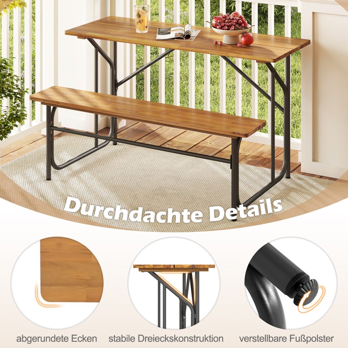 Dvivietis lauko stalo ir suoliuko komplektas iš akacijos medienos ir metalo (Natūrali) – Paveikslėlis 4