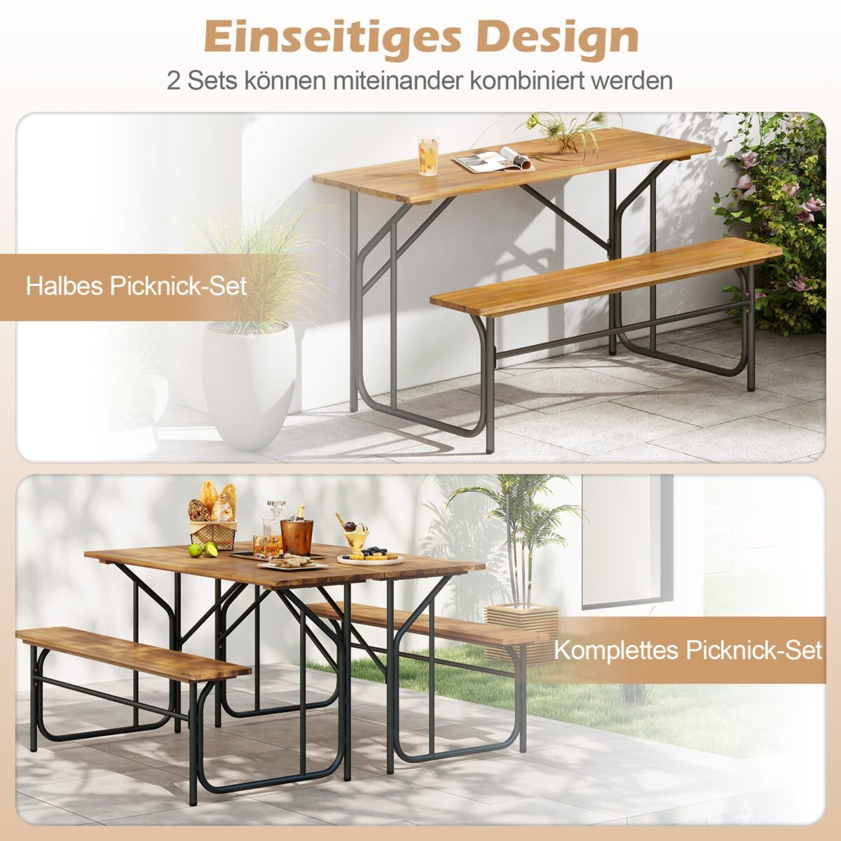 Dvivietis lauko stalo ir suoliuko komplektas iš akacijos medienos ir metalo (Natūrali) – Paveikslėlis 5