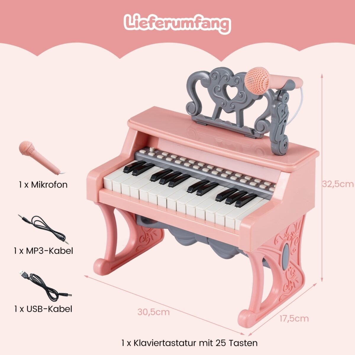 Elektroninė mini klaviatūra vaikams su 25 klavišais mikrofonu ir natų stovu (Rožinė) – Paveikslėlis 2