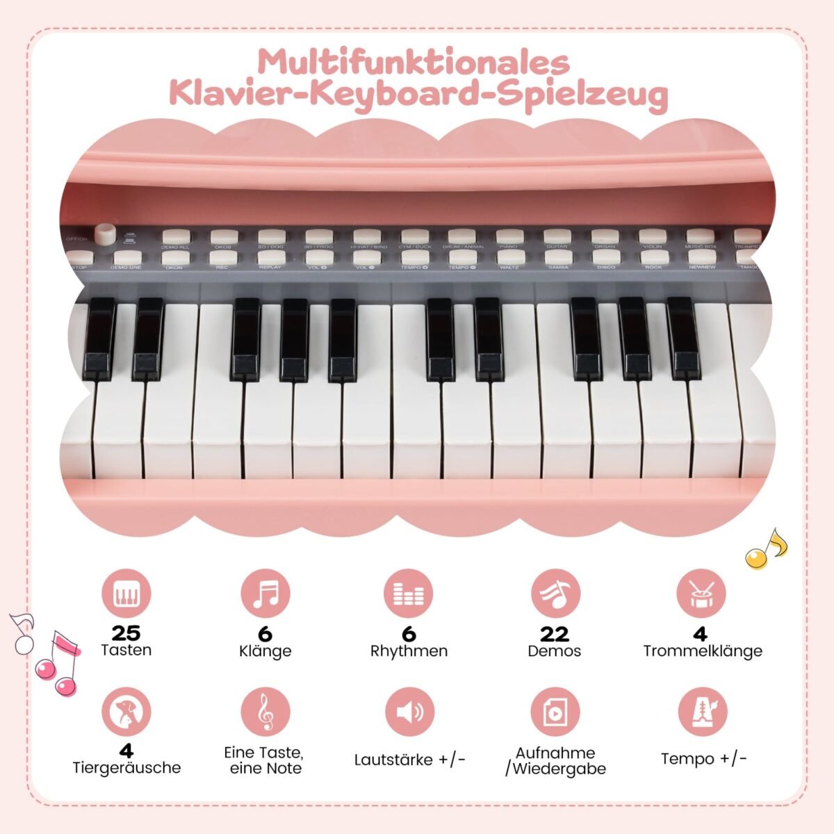 Elektroninė mini klaviatūra vaikams su 25 klavišais mikrofonu ir natų stovu (Rožinė) – Paveikslėlis 3