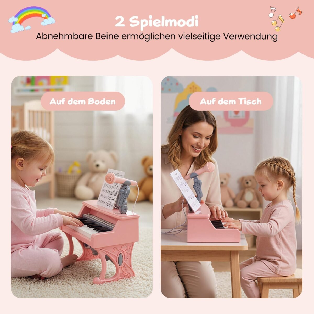 Elektroninė mini klaviatūra vaikams su 25 klavišais mikrofonu ir natų stovu (Rožinė) – Paveikslėlis 4