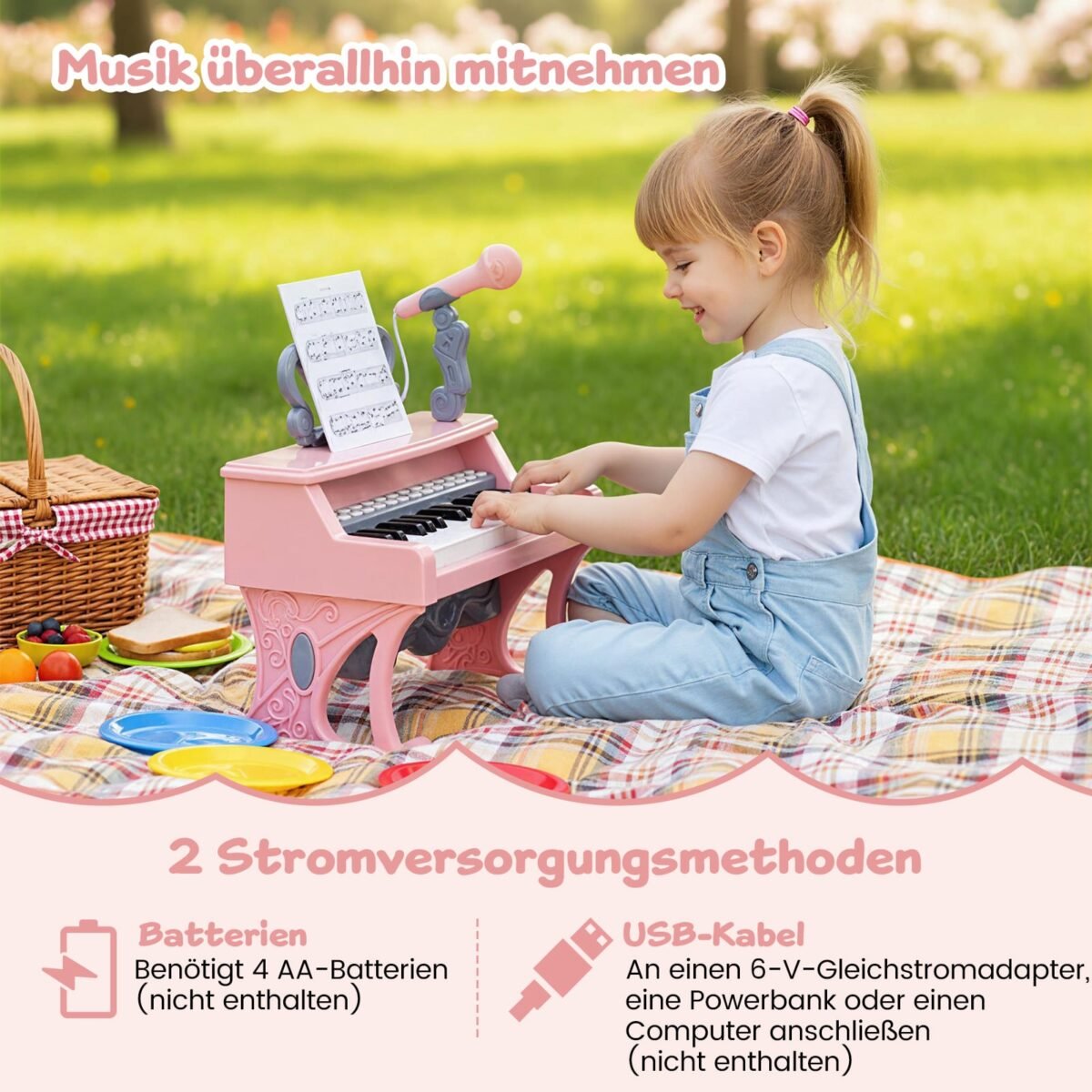 Elektroninė mini klaviatūra vaikams su 25 klavišais mikrofonu ir natų stovu (Rožinė) – Paveikslėlis 5