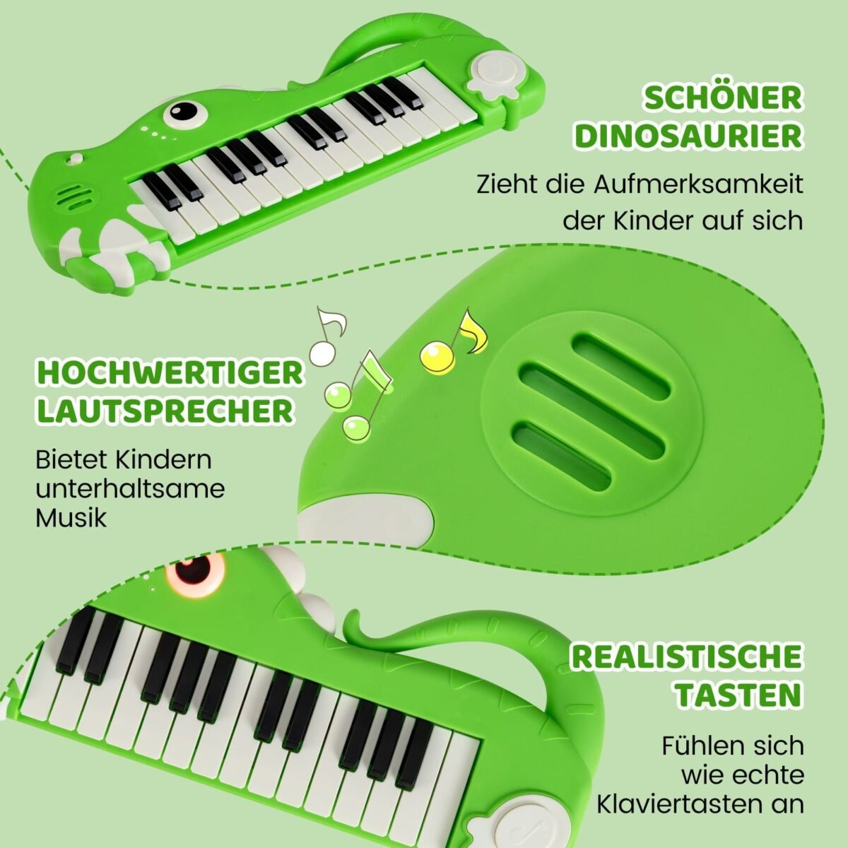 Elektroninė vaikiška klaviatūra su 25 klavišais ir gyvūnų dizainu (Žalia) – Paveikslėlis 3