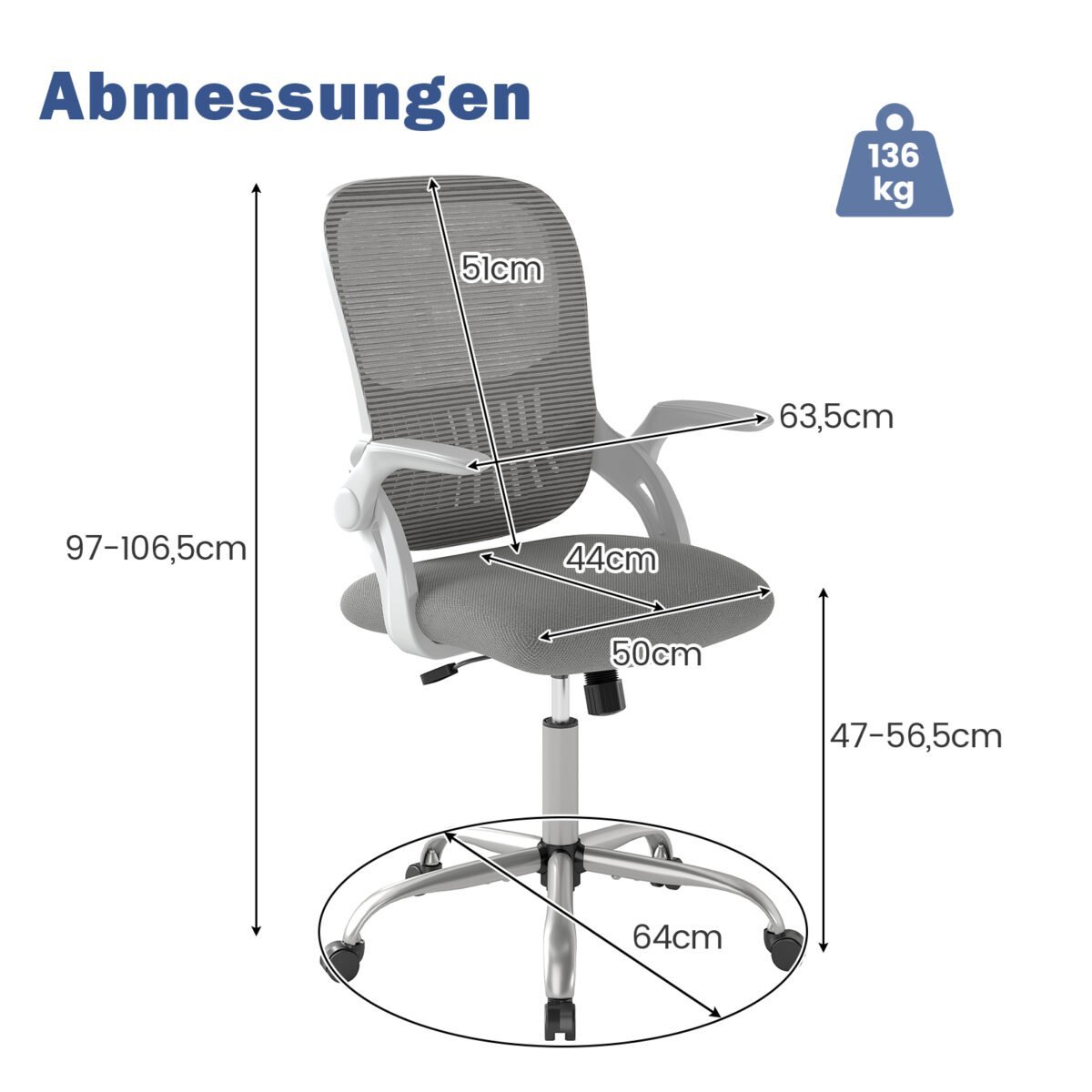 Ergonominė biuro kėdė su atlenkiamais porankiais ir supimo funkcija (Pilka) – Paveikslėlis 2