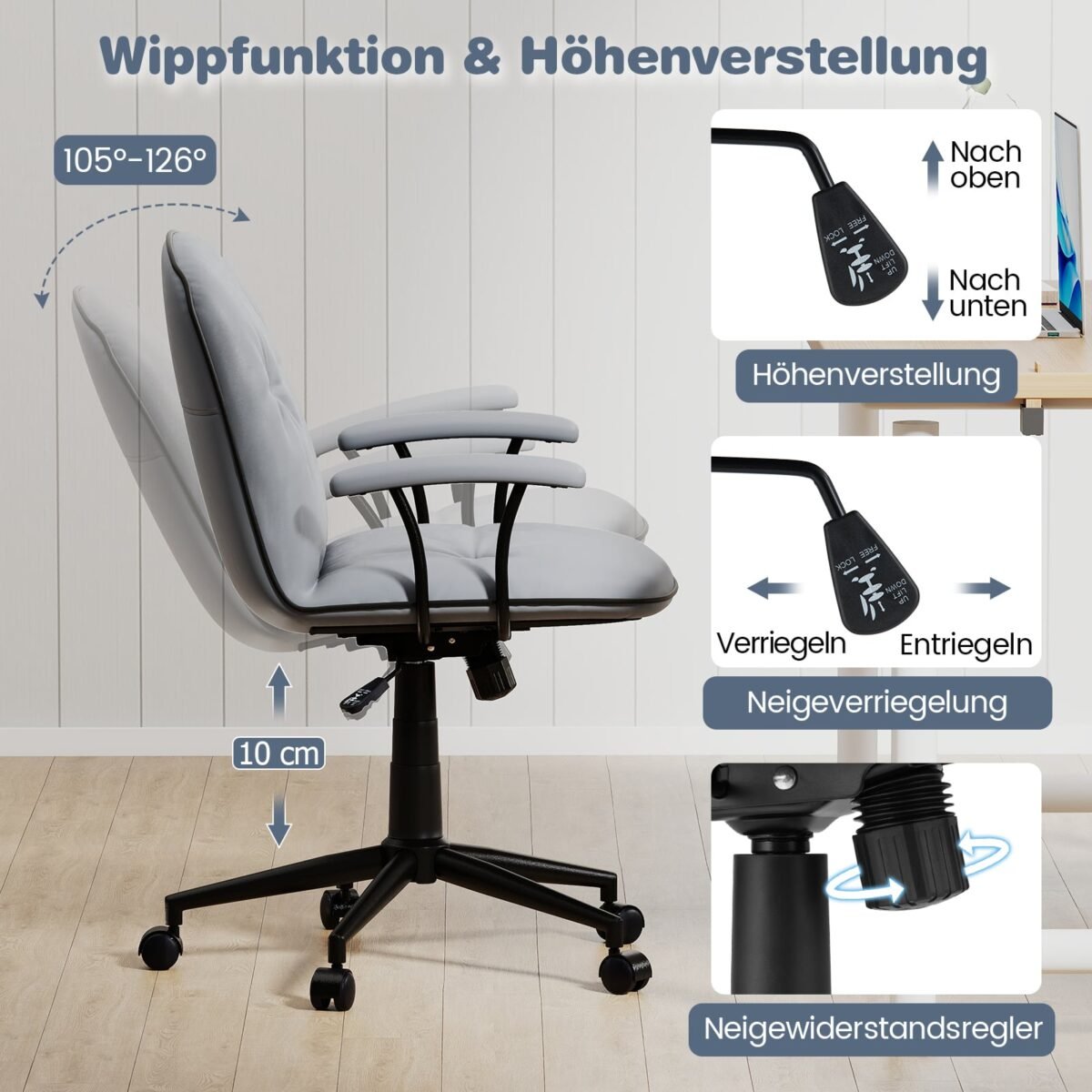 Ergonominė biuro kėdė su dirbtinės odos apmušalais ir paminkštintais porankiais (Pilka) – Paveikslėlis 3