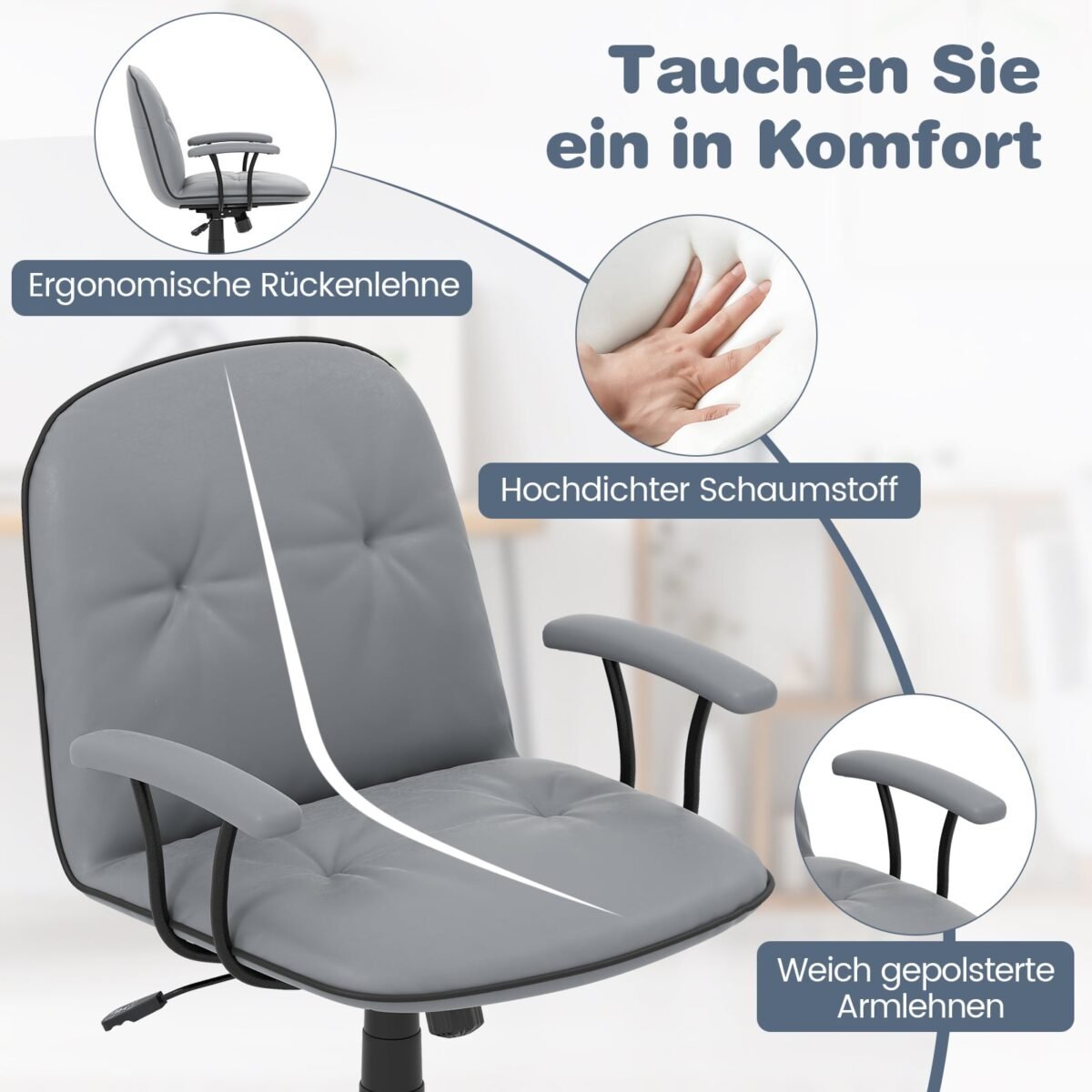 Ergonominė biuro kėdė su dirbtinės odos apmušalais ir paminkštintais porankiais (Pilka) – Paveikslėlis 5